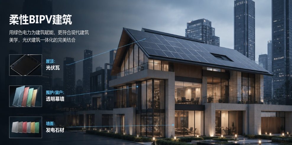 柔性光伏应用场景：BIPV 建筑、车载光伏、低空飞行器